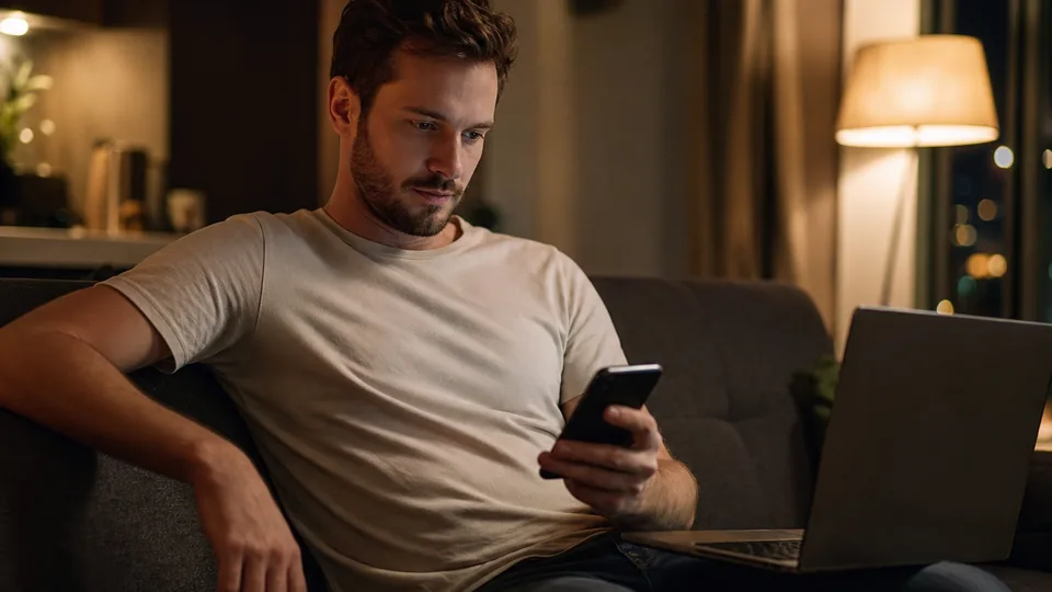 A man on a sofa at night checking a card charge on his phone with a laptop open beside him