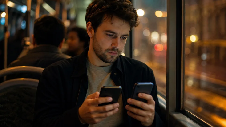 A man on an evening bus comparing two chat apps on two phones