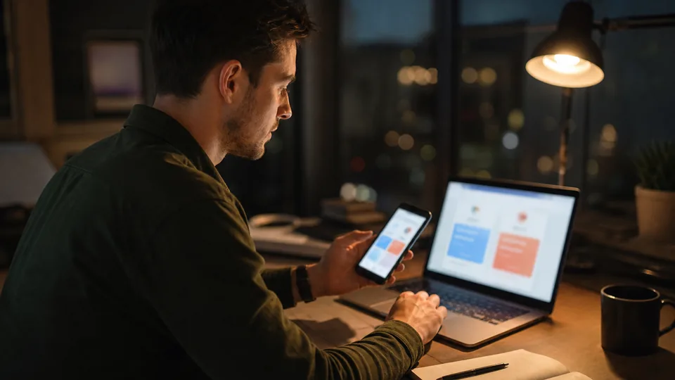 A man at a desk at night comparing two chat app subscription screens on a laptop and phone