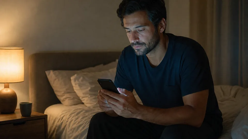 A man sitting on his bed at night reviewing a subscription on his phone before canceling