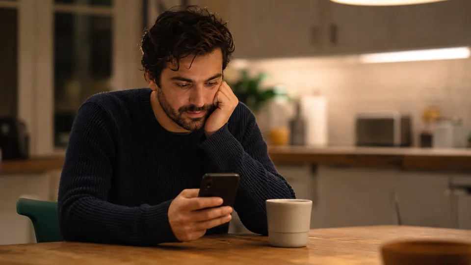 A man in his thirties at a kitchen table at night, scrolling through apps on his phone