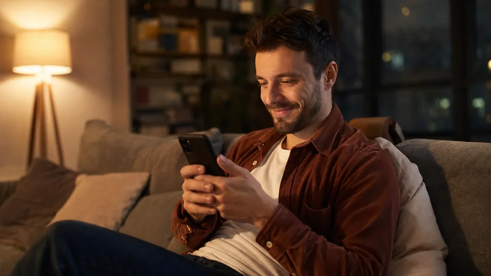A man on a sofa in the evening reading a long text message on his phone and smiling